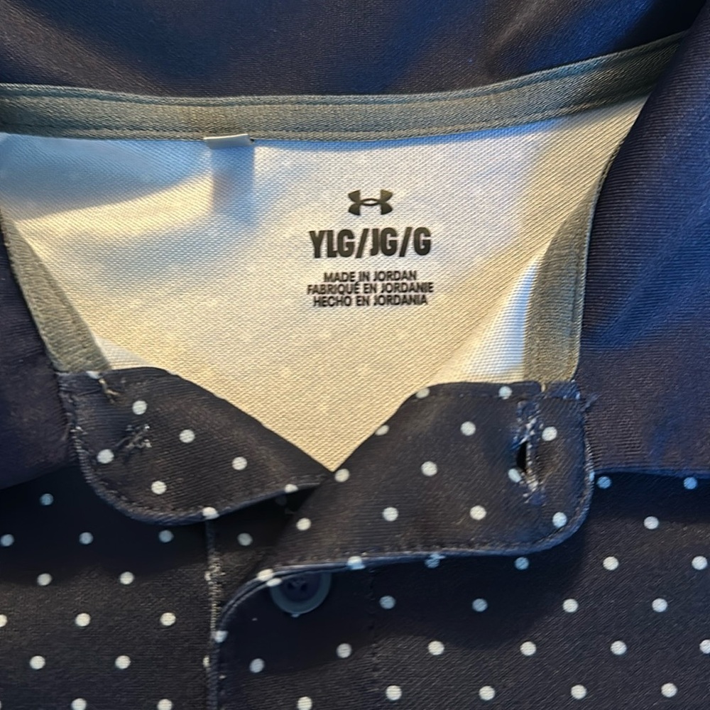 Under Armour youth large polo. Navy with white polka dots